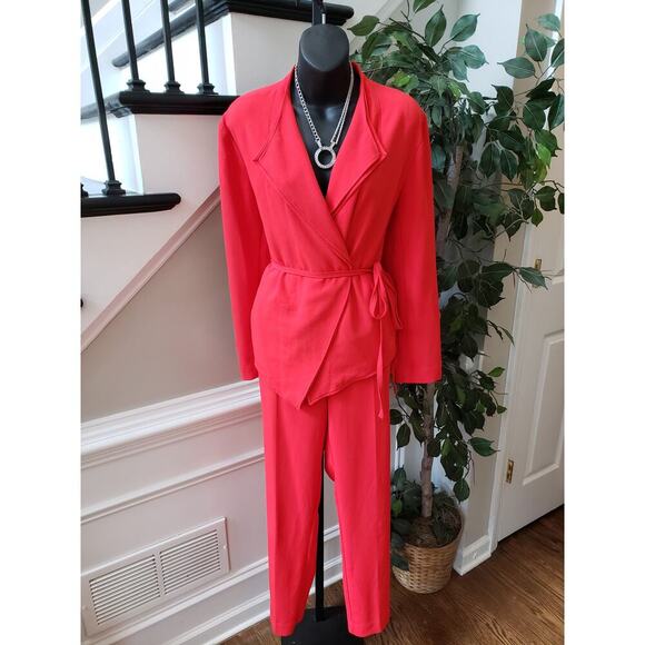 7th Avenue 2 Piece Suit Womens L/14 Red Pockets Slim Fit Notch Lapel Tie Waist - Picture 4 of 16